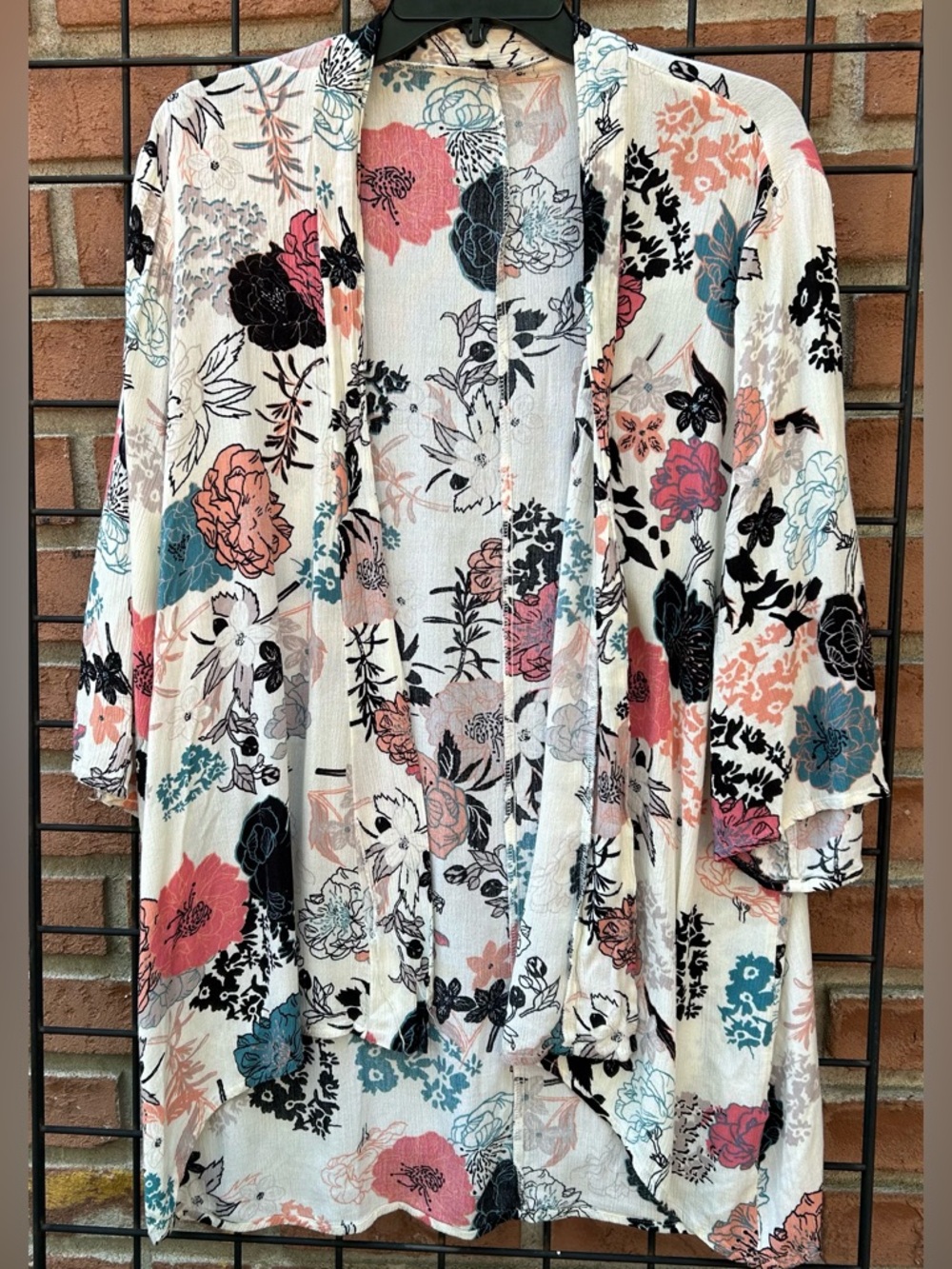 Pink Clover Floral Open-Front Cardigan in Cream, Pink, Teal, Black